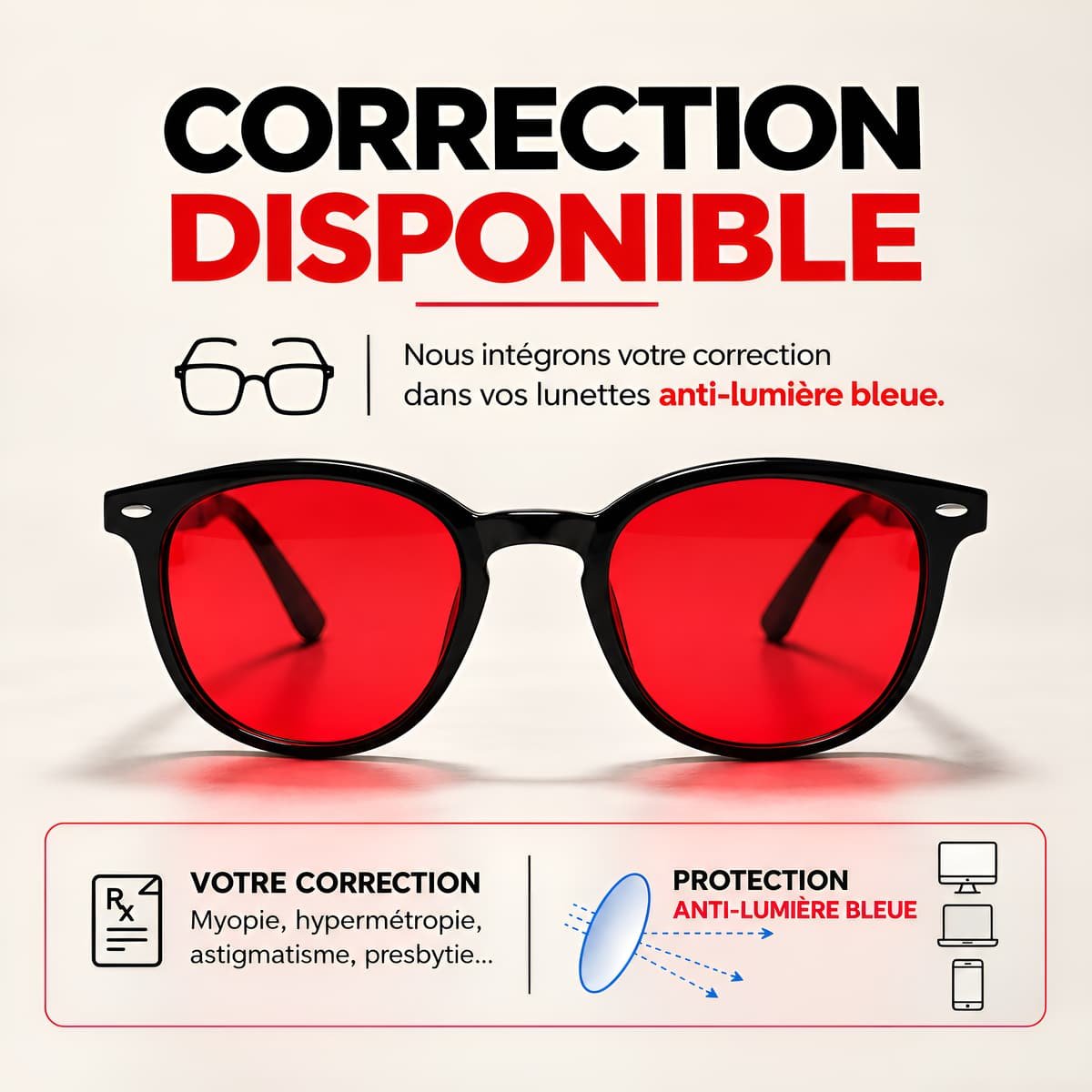 Lunettes Bleuvex aux verres rouges sous le titre « Correction disponible »